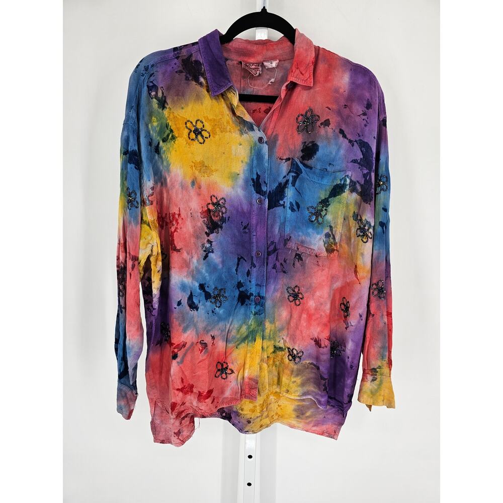 Vintage 2 Of Us Womens Sz M Button Up Long Sleeve Tie Dye Shirt Beaded Flowers